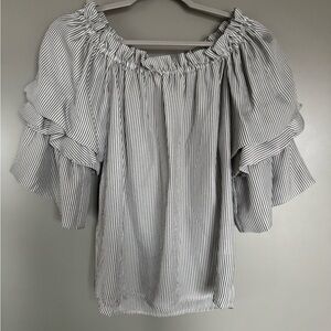 Gianni Bini Off-Shoulder Striped Ruffle Sleeve Top - White/Black